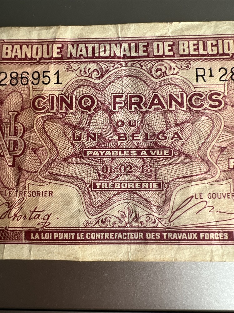 1943 Belgium 5 Francs Banknote Circ