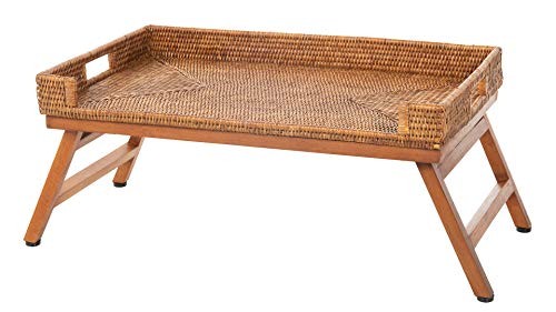 Rattan Breakfast Tray with Foldable Legs, Rectangular Serving Honey-brown