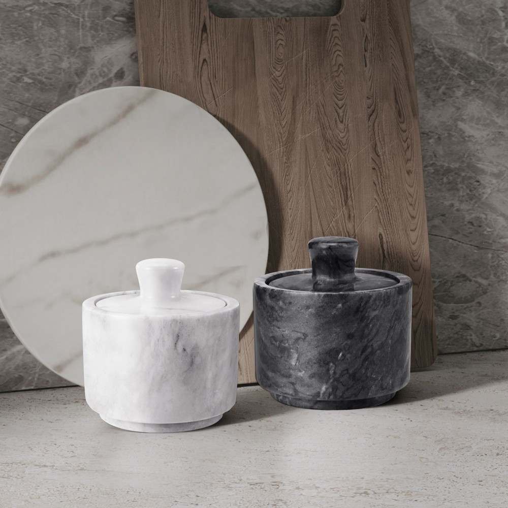 Marble Salt Cellar with Lid, Multi-Purpose Marble Container (Black & White)