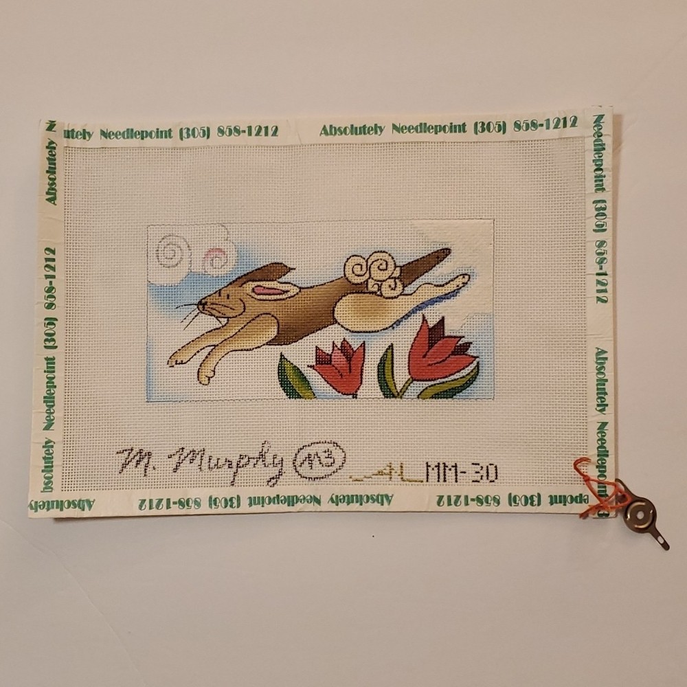 Martha Murphy handpainted needlepoint bunny rabbit jumping tulips STARTED