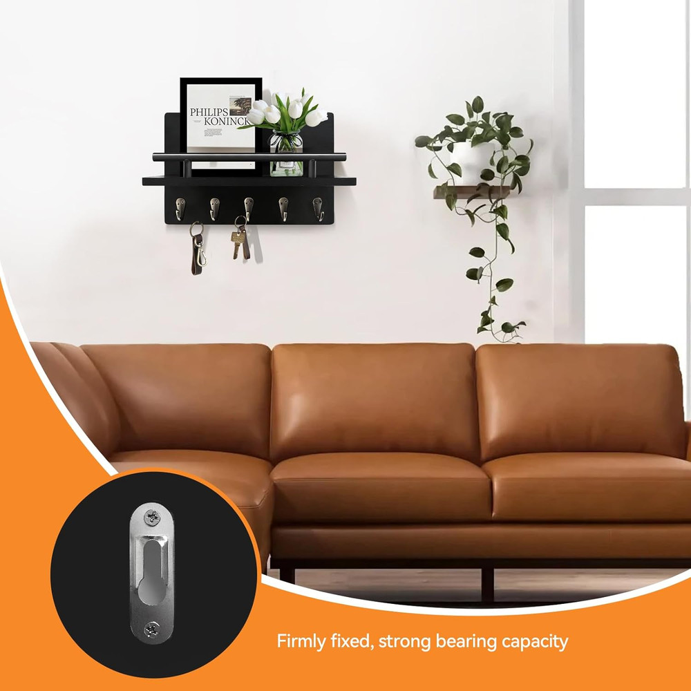 Key Holder Wall Mount, Decorative Key Rack with Shelf & 5 Sturdy Hooks, Rusti...