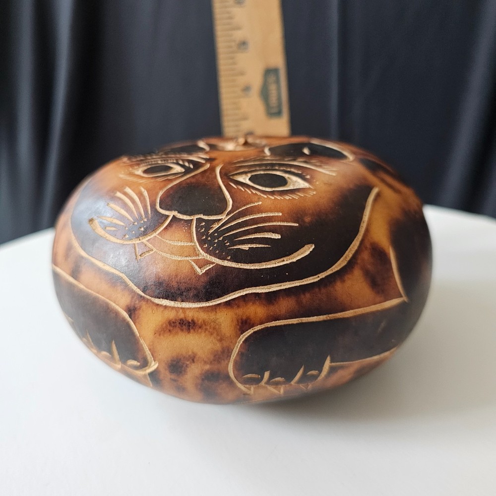 Hand carved Cat Gourd Peru Signed