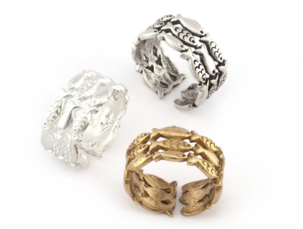 Fish Ring Adjustable Raw brass - Shiny Silver - Antique Silver 8US size 5122