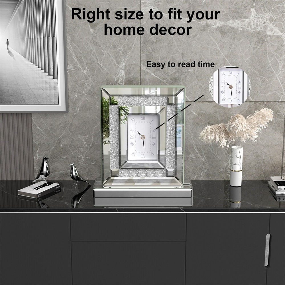 High-end Mirrored Desk Clock Crushed Diamond Table Clock Silver Glass Edge Frame