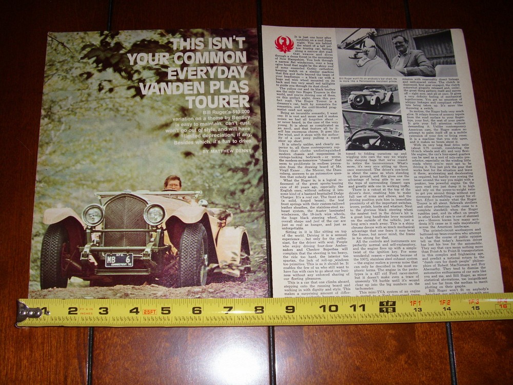 BILL RUGER TOURER CAR  ORIGINAL 1970 ARTICLE