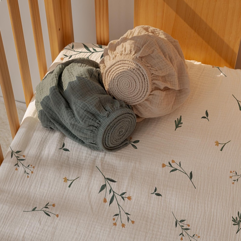 Muslin Mini Crib Sheets 3 Pack, Breathable Pack and Play Sheets Fitted Soft C...