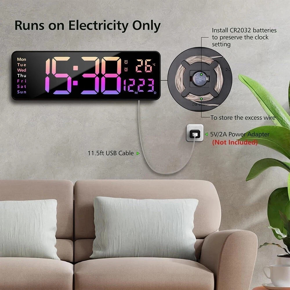16" BIG DIGITAL LED CLOCK WALL MOUNT LARGE NUMBERS TIMER DATE TEMPERATURE US