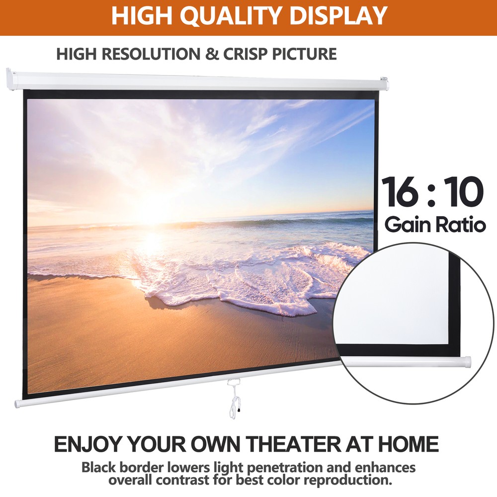 100" Projector Screen Manual Pull Down Projection Screen Theater 16:10 4K HD