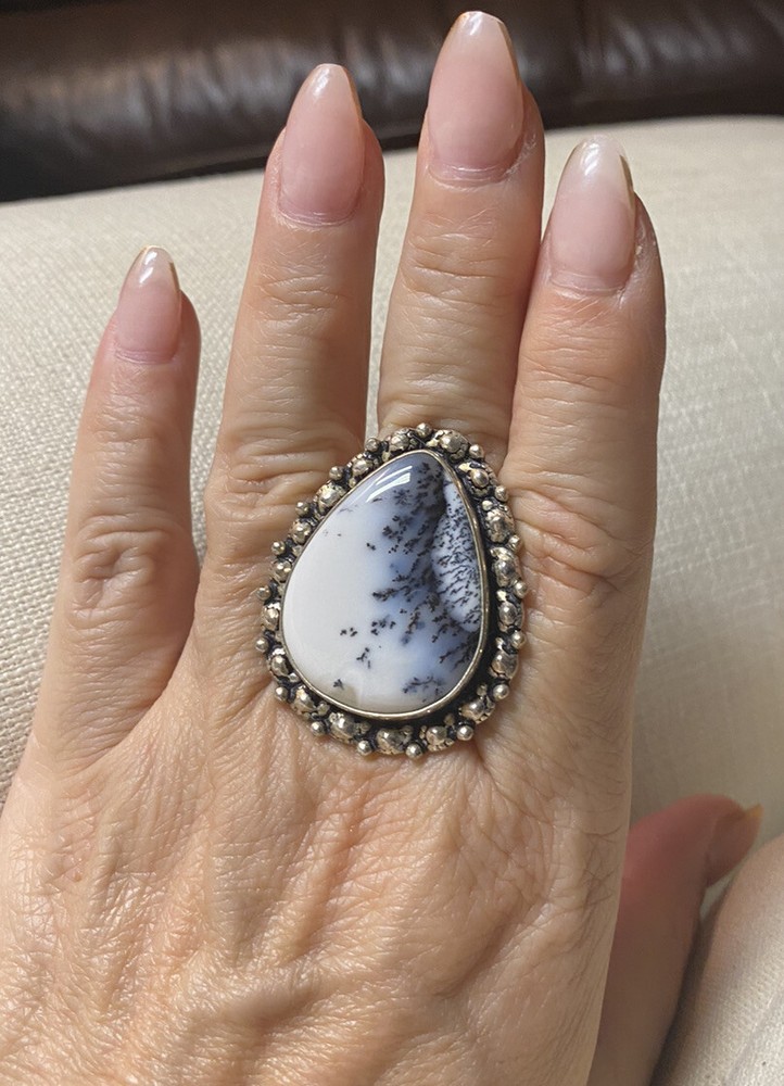 Dendritic Opal Power Ring In Handmade Sterling Silver Band