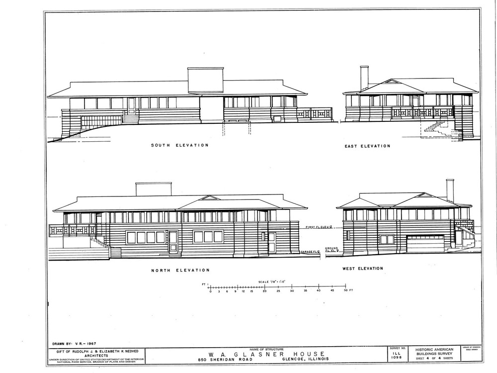 Frank Lloyd Wright Prairie Style hillside house, PRINTED Architectural plans