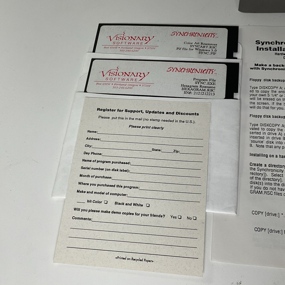 Visionary Software Synchronicity MS DOS Version IBM Compatibles 5.25” Disk