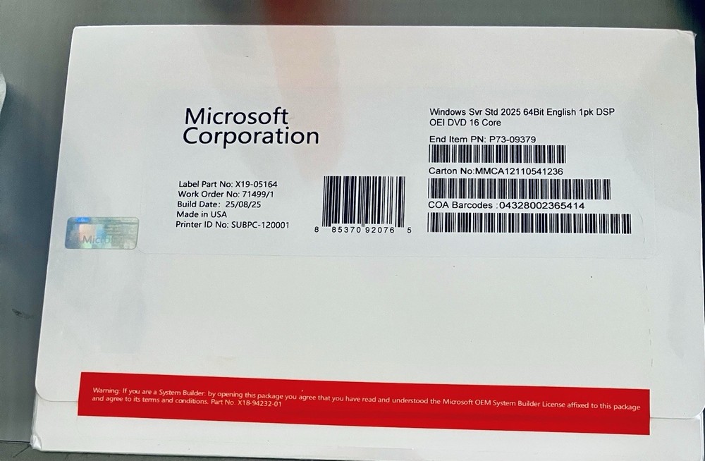 Microsoft Windows Server 2025 Std |  16 Core Per DVD + NEW SEALED +