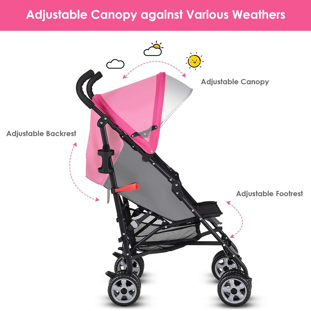 Compact Lightweight Baby Stroller for Travel - Adjustable, Foldable, Pink