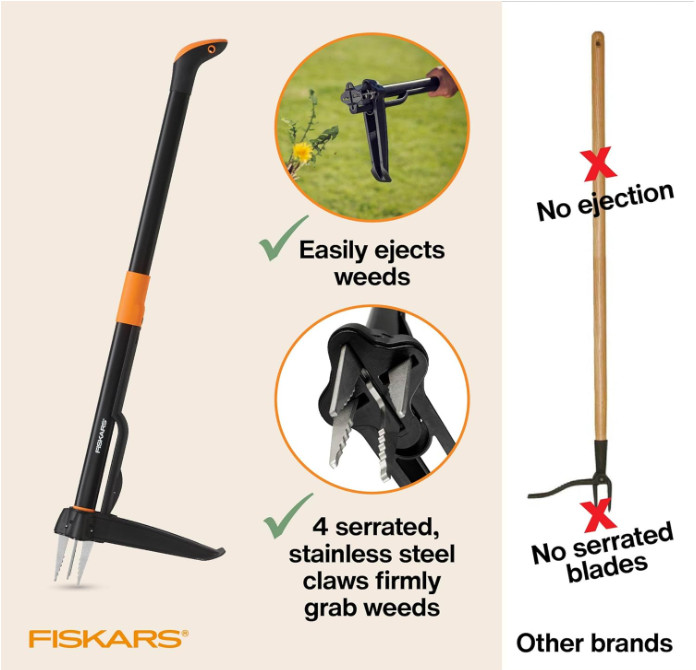 Fiskars 4Claw Stand Up Weed Puller Tool, Gardening Hand Weeding Tool with 39"