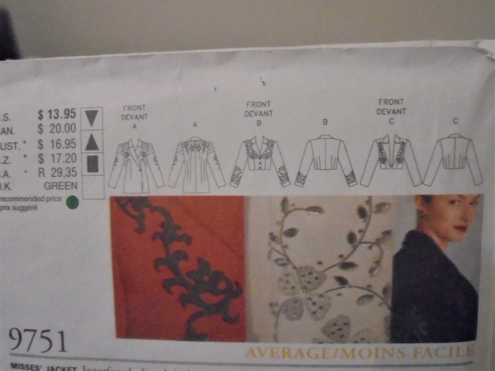 Vogue Creative #9751 Sewing Pattern-sizes 6-8-10, Misses Jackets-New
