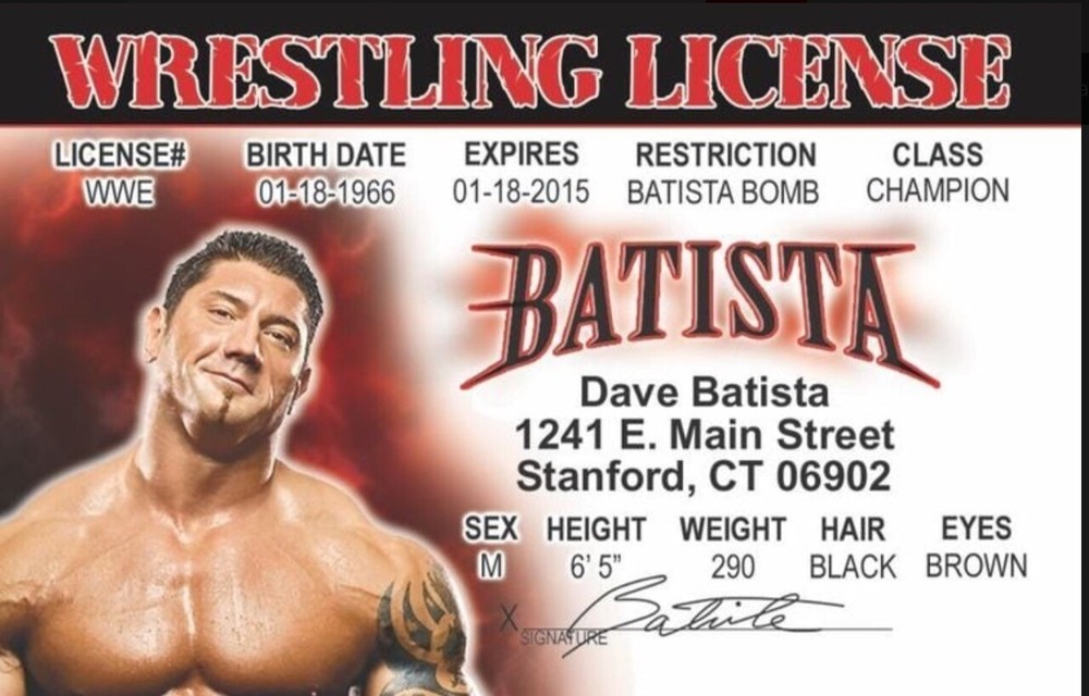 Dave Batista Drivers License 3.4” X  2.2” Laminated ID Card.