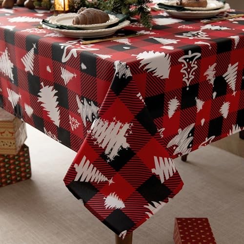 Waterproof Checkered Tablecloth Fabric - 84" x 58" (Rectangular) White Tree Red