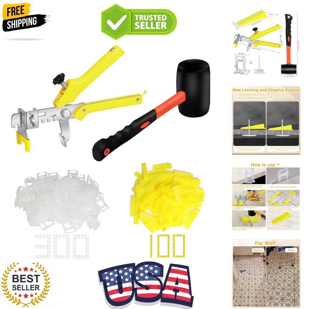 Tile Leveling System with Tile Pliers and Hammer - 300 Piece Tile Spacers Cli...