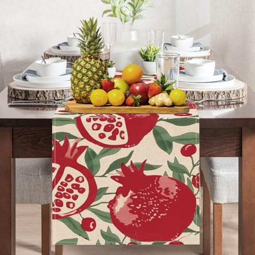 Red Pomegranate Pattern Dining Table Runner, Fruit Green Leaves Burlap Kitchen