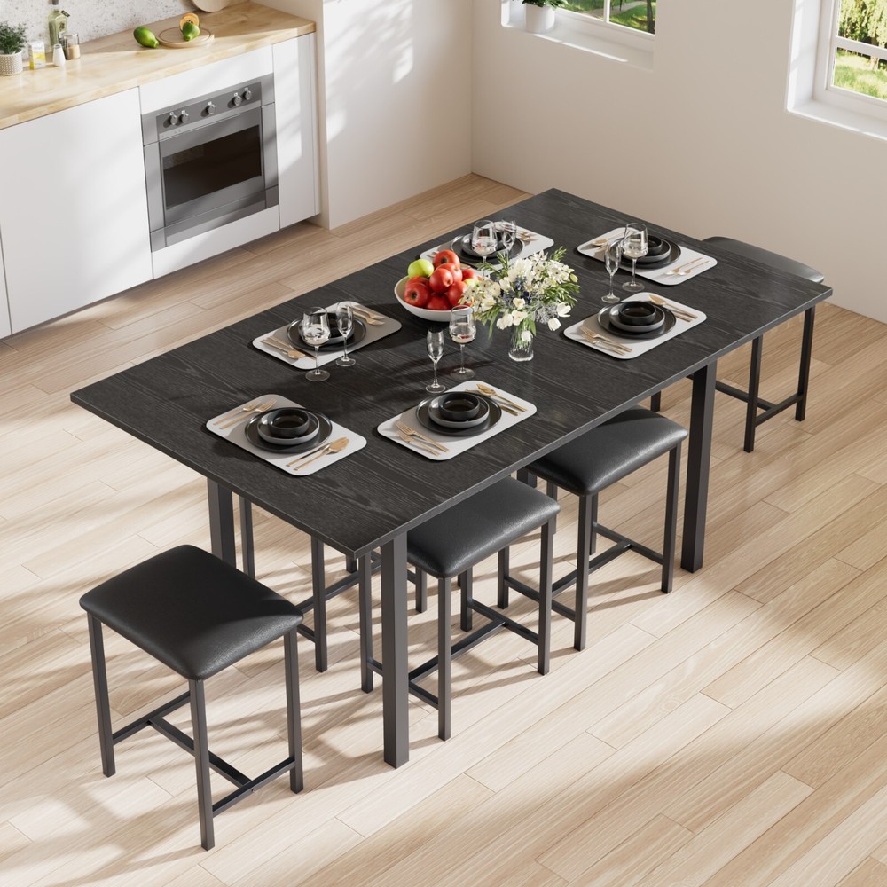 Extendable Dining Table Set with USB Charging, Kitchen Table with 6 Stools Black