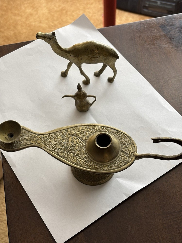 Vintage Middle Eastern Brass Lamp, Camel, Pitcher