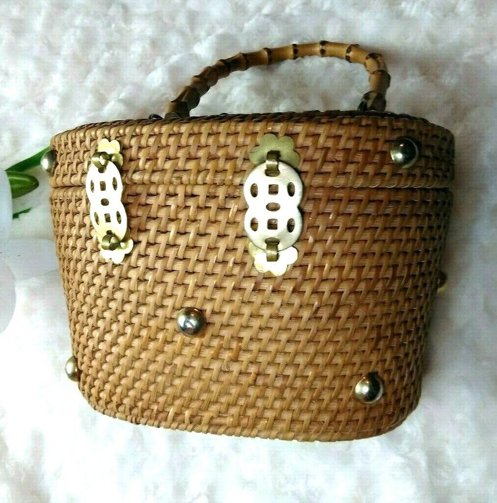 Brown Wicker Basket Handbag Purse Brass