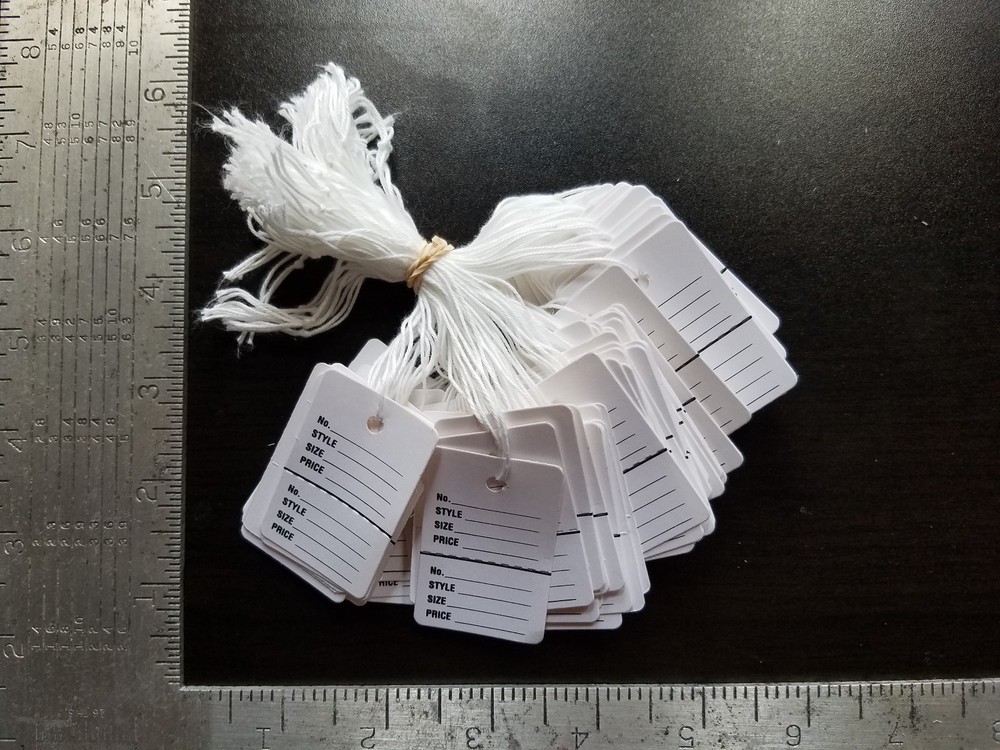 1000 White Price Tags w/String Perforated 2 Part Garment Merchandise Strung Sm.