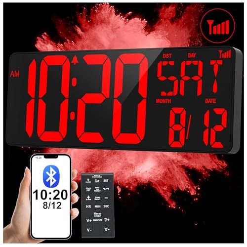17.2" Large Digital Wall Clock Bluetooth Sync Time, Precise Red With Bluetooth