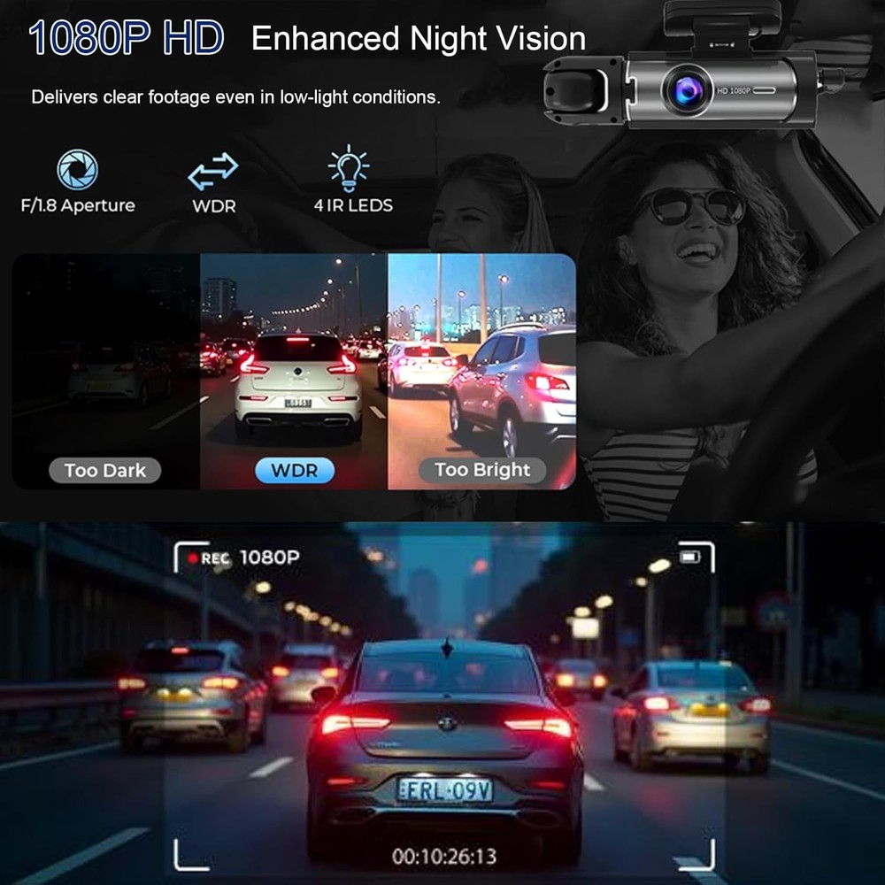 Front & Inside HD Dash Cam with Infrared Night Vision & Loop Recording Functio