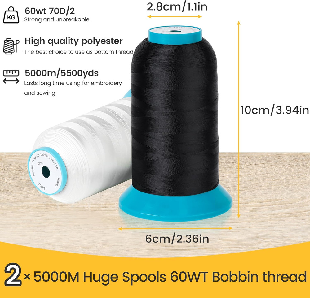 60WT Bobbin Thread Set (Black+White) & 64 Spools 1000M Polyester Thread Kit