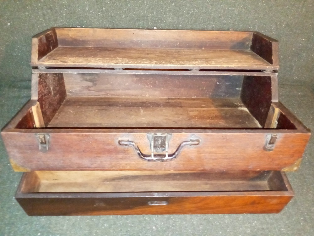 Solid Wood 1800's Toolbox Chest w/ Eagle Lock Drawer & Brass Hardware - SUPERB!