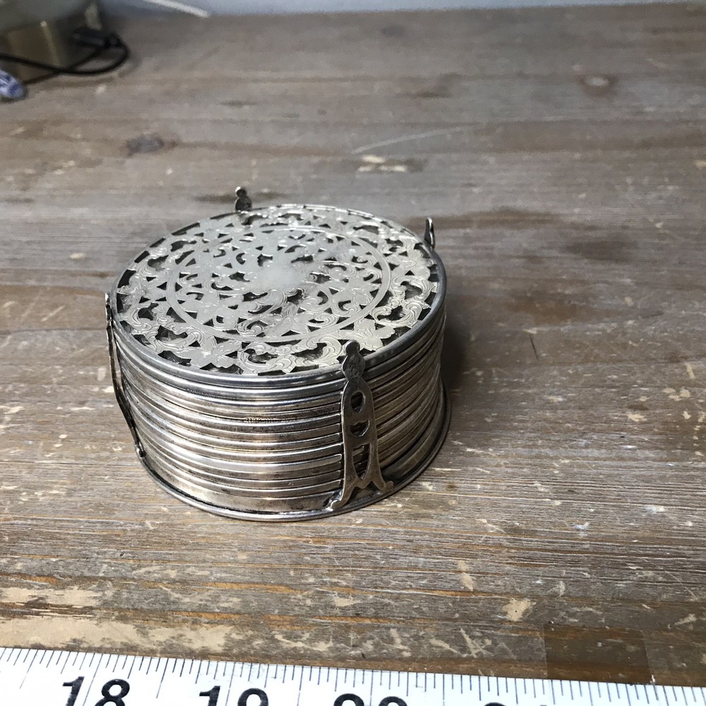 Complete Set, 12 Webster Sterling silver on Glass 3" Coasters with Holder