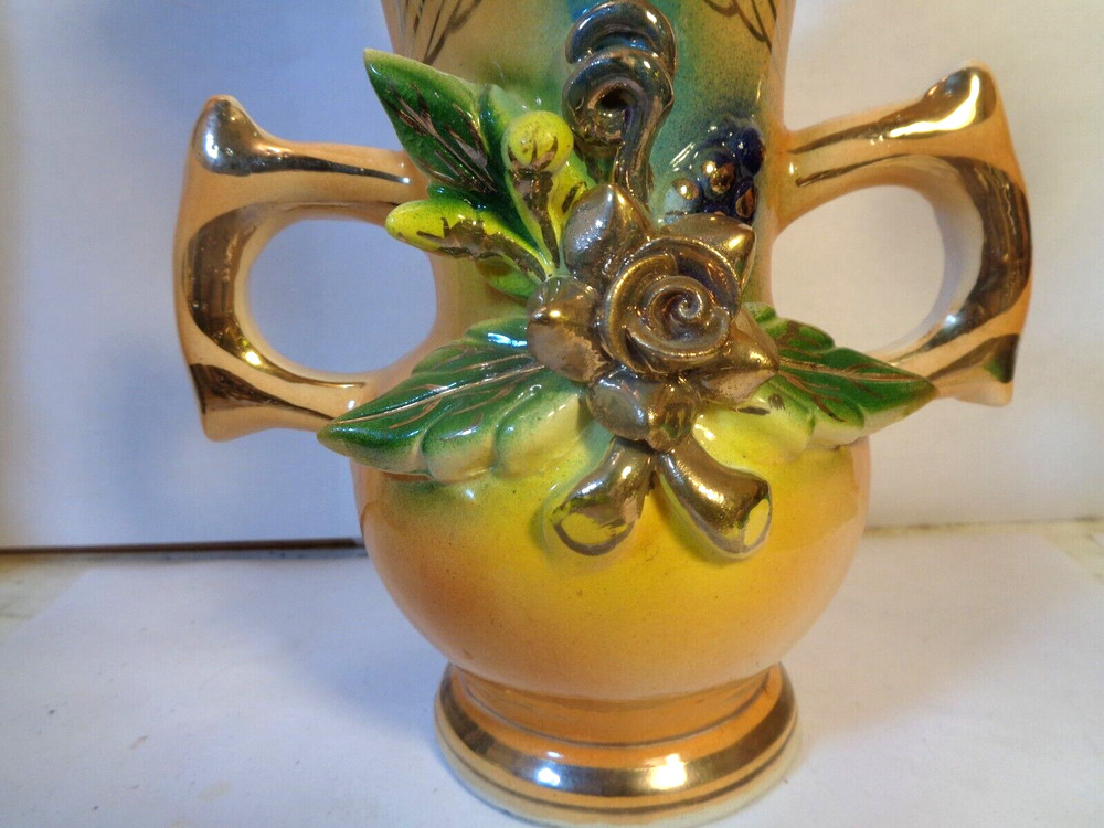 Floral Pattern double Handle 7 3/4: Ceramic Vase, 1982, Mexico (Used)
