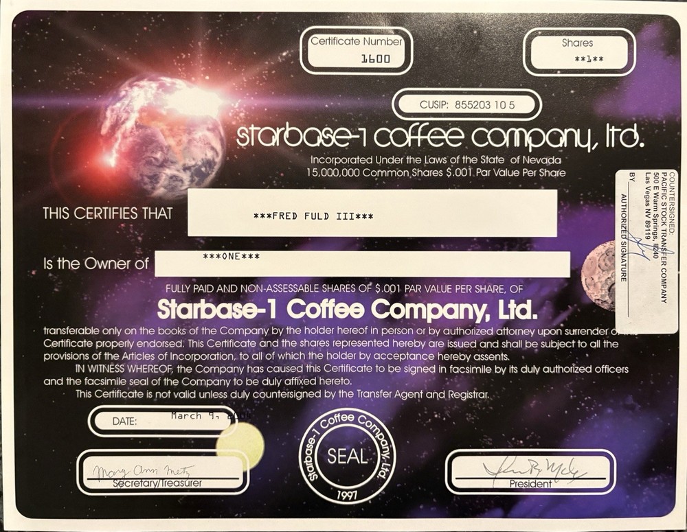 Starbase-1 Coffee Stock Certificate-2004- 1 Share