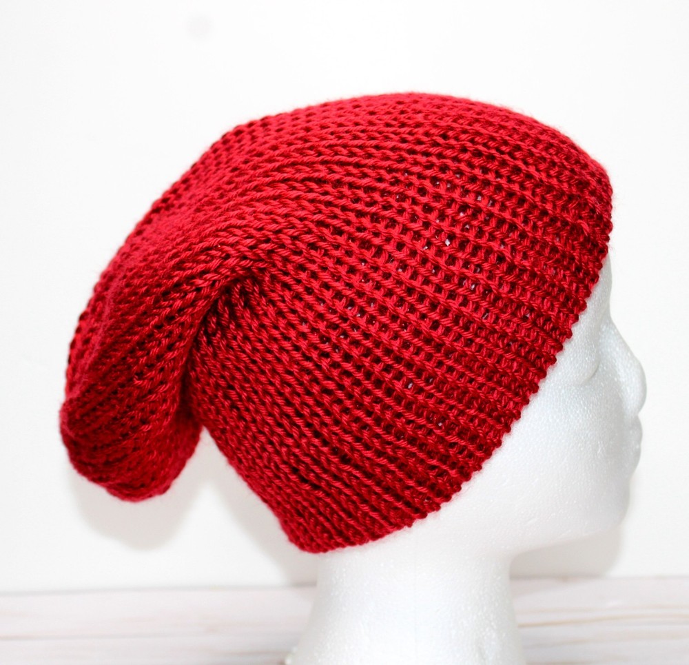 Hand Crocheted Red Glittery Yarn Hat, Double Sided / Reversable Use