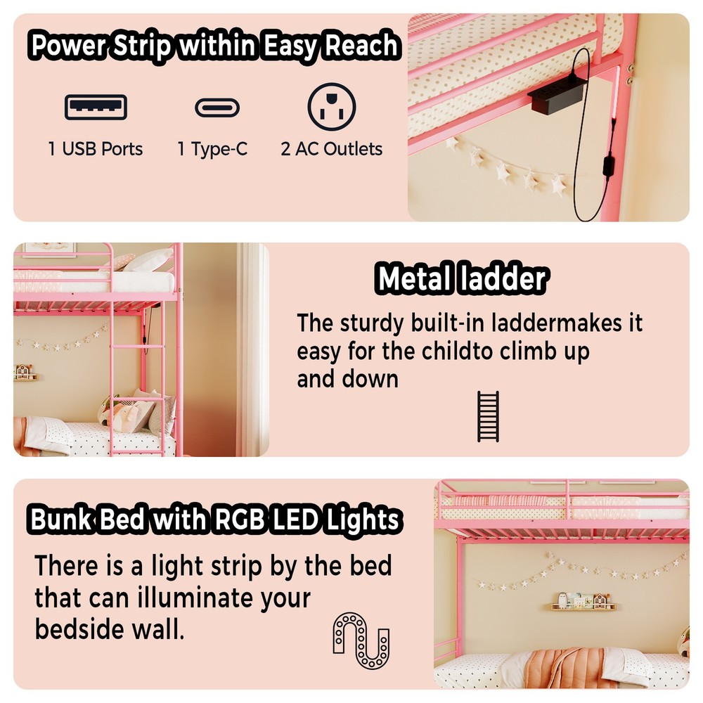 Bunk Bed with USB Charging Station, Able to Split, Metal Bunk Bed, Storage Space
