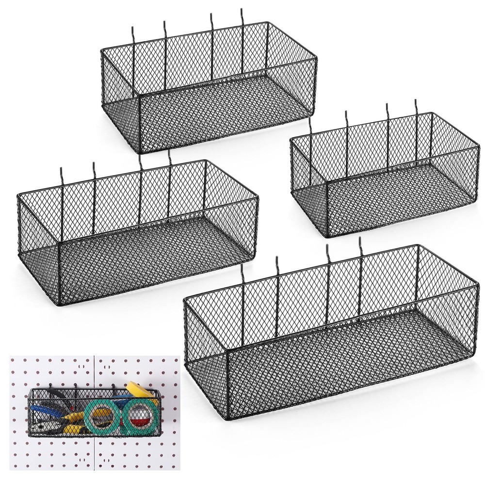 4 PCS Black Pegboard Baskets Set Metal Wire Wall Mount Organizer Garage Tool