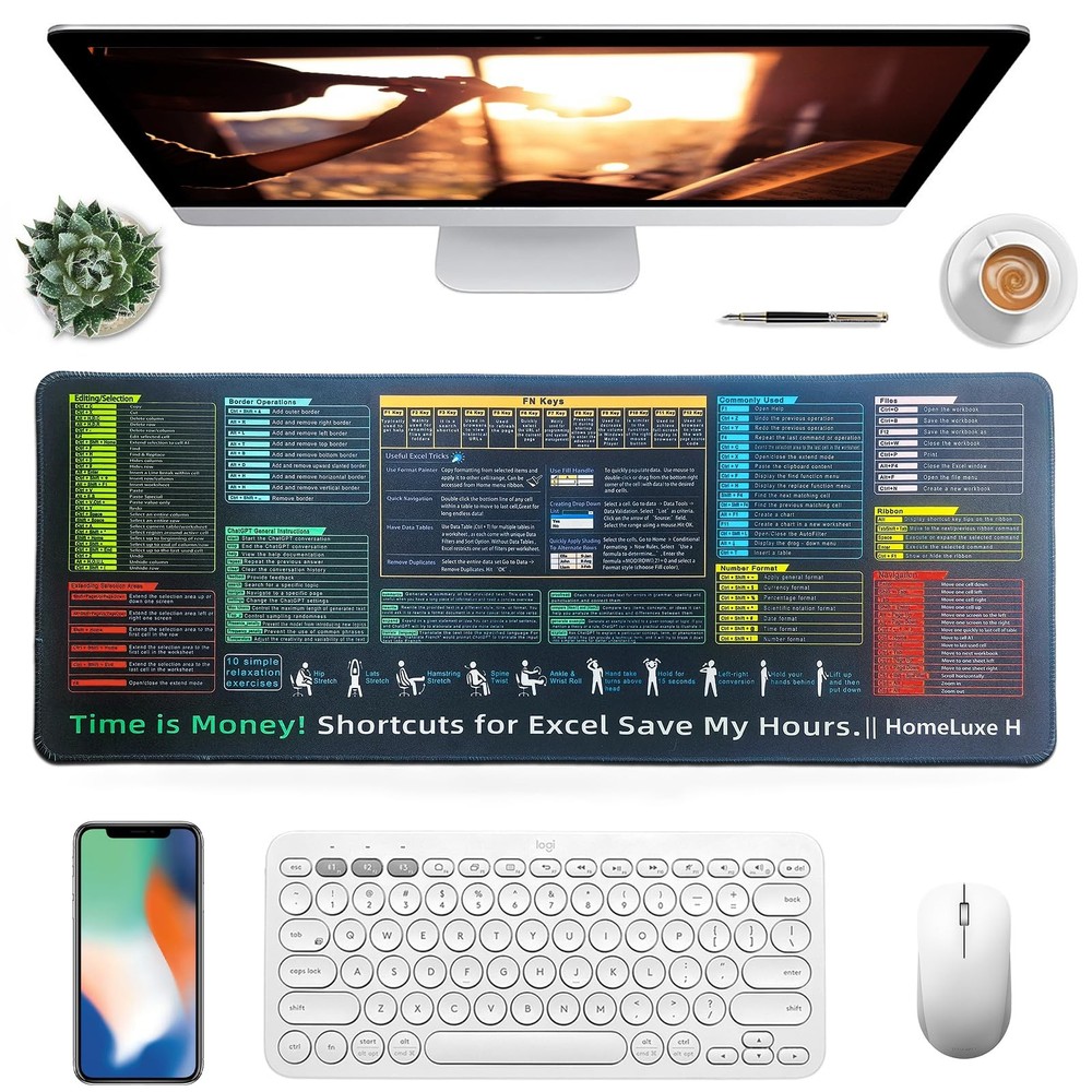 Excel Cheat Sheet Desk pad-Big Mouse Pad | Desk Mat for Microsoft Excel Short...