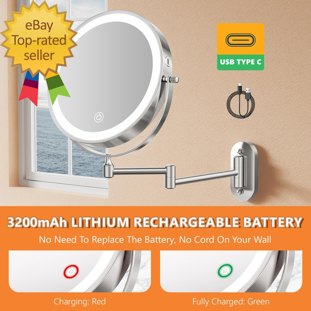 8'' Wall Mounted Lighted Makeup Mirror 3200Mah Rechargeable Double-Sided