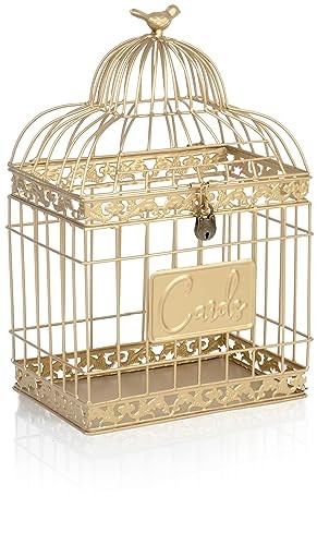 15.5” Rectangular Decorative Lockable Metal Birdcage Wedding Card Holder, Gold