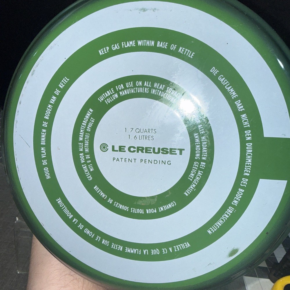 Le Creuset 1.7 Qt Tea Kettle Green Enamel Folding Handle Pull-Out Spout Whistle