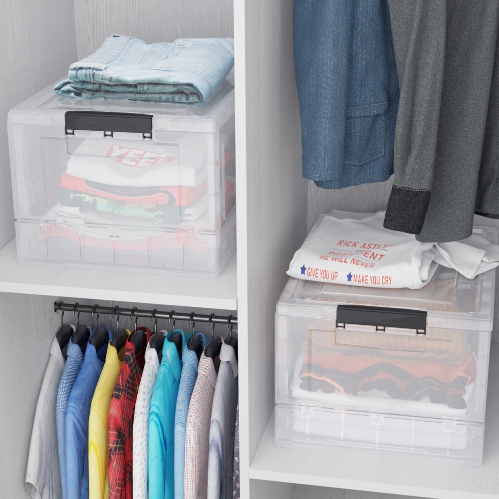 4 Packs Clear Stackable Folding Bins with Lids Collapsible Plastic Storage Cube