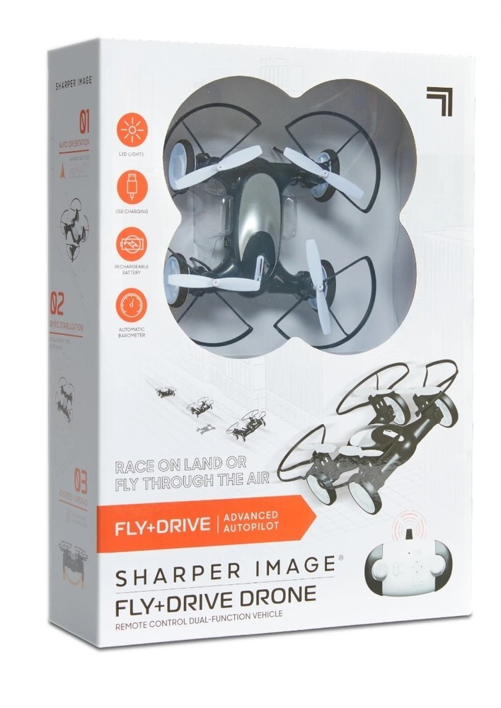 Sharper Image Fly+Drive Drone Remote Control Dual-Function Black White Vehicle
