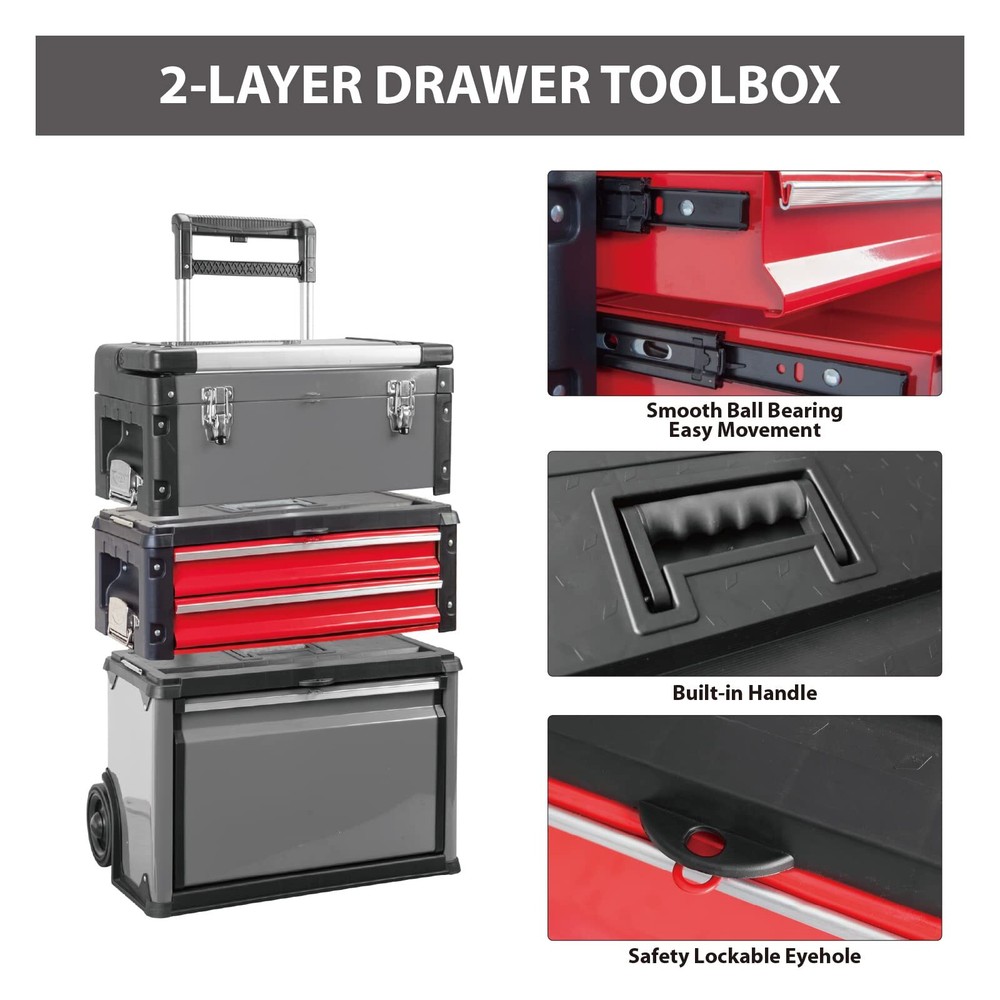 BIG RED Stackable Portable Metal Tool Box Organizer with Wheels, 2 Drawers,Red