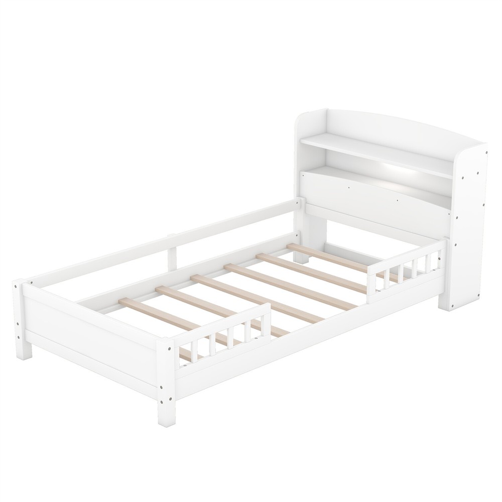 Twin/Full Size Bed Frame Wood Platform Bed w/ Storage Headboard White/Gray