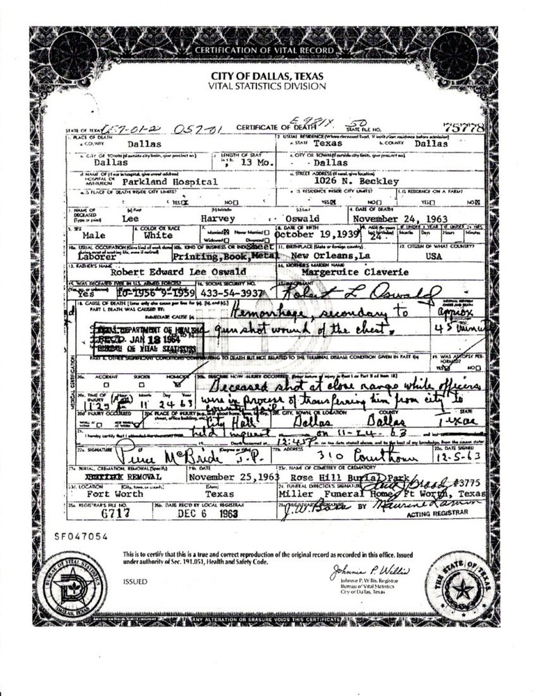 Lee Harvey Oswald Death Certificate Reproduction