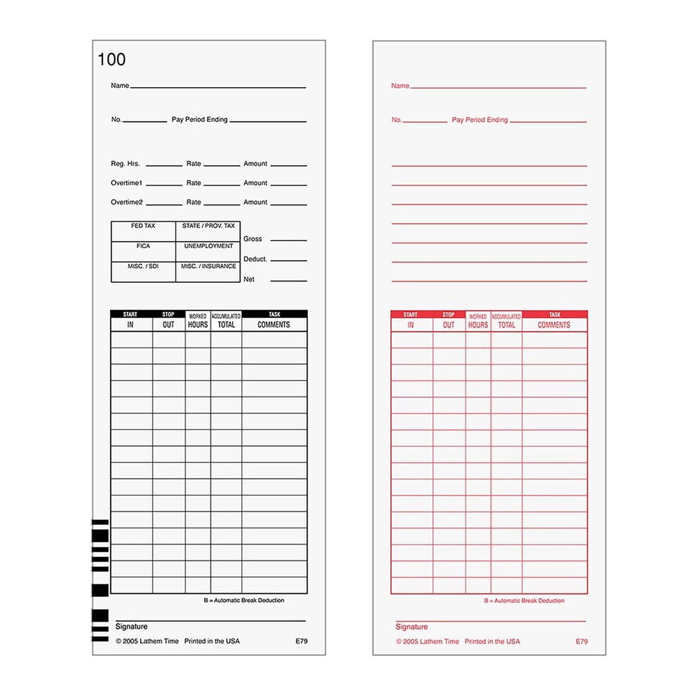 Lathem Universal Payroll/Job Time Cards, Double-Sided, For 100 Pack, White