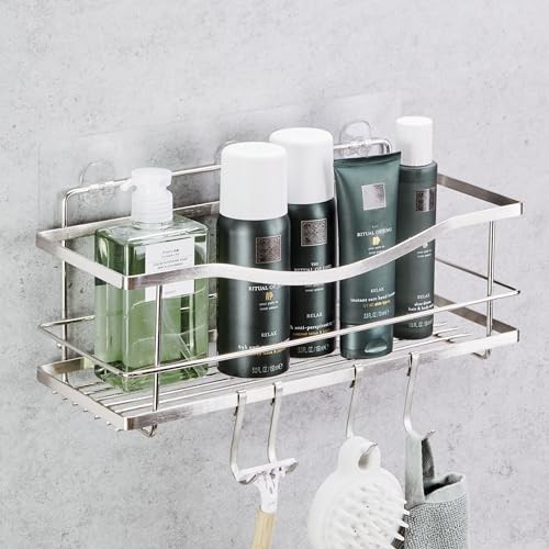 Premium Shower Caddy - Self Adhesive Shower Organizer with 4 Hooks, Rustproof