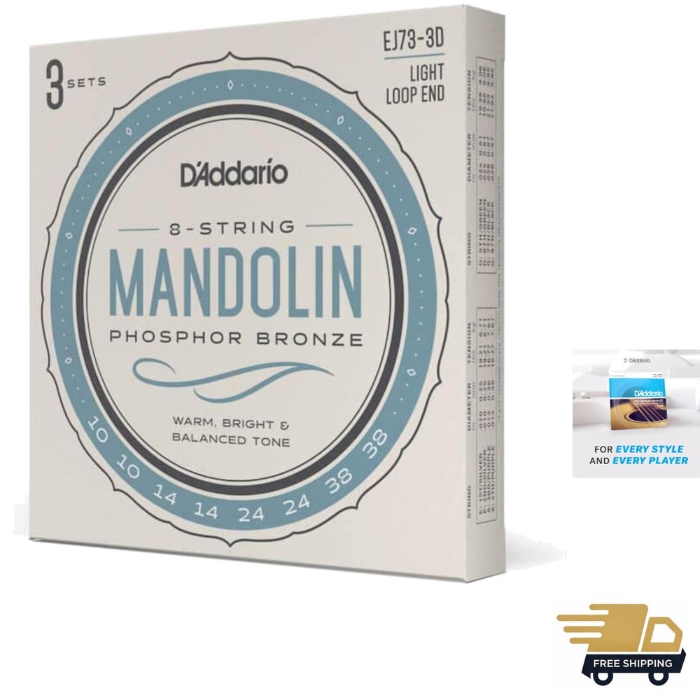Versatile EJ73-3D Mandolin Strings, Light Gauge 10-38 - 3 Pack for Optimal Tone