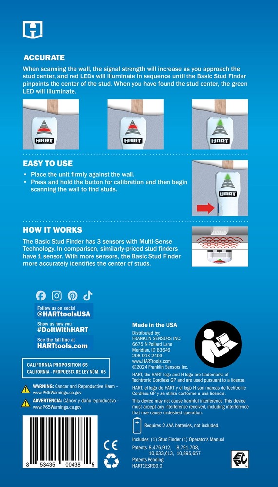 HART Basic LED Electronic Stud Finder, AAA Battery Powered Not Included 2.88 oz